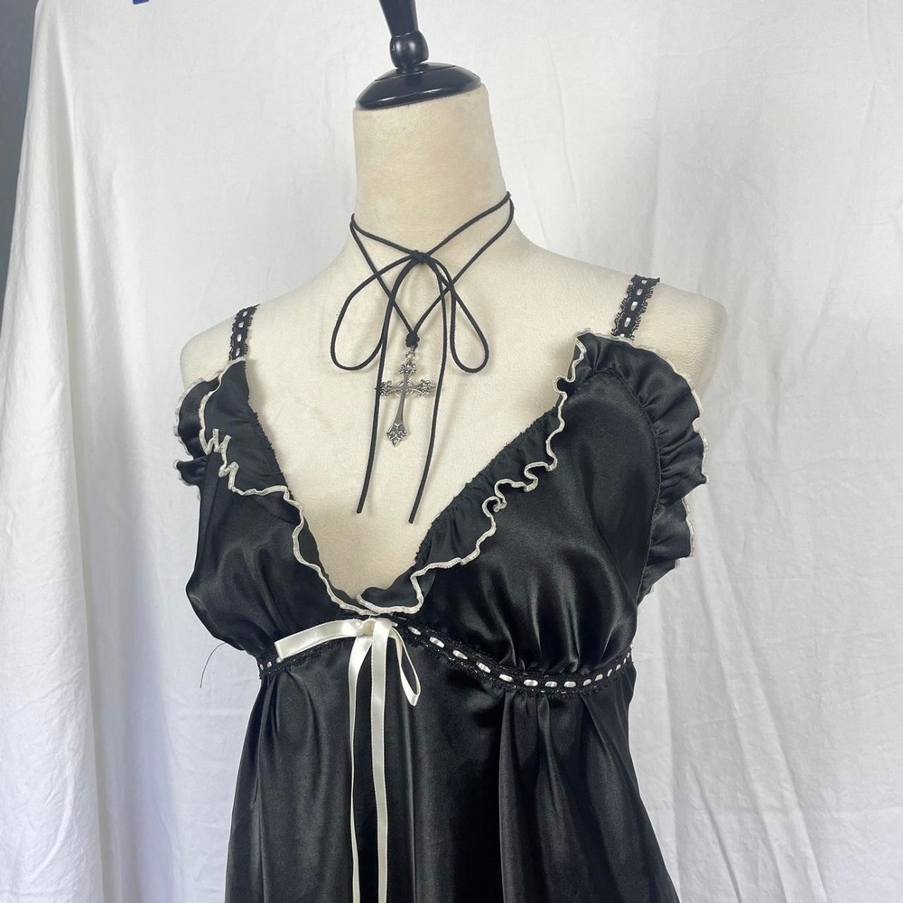 vintage y2k black satin babydoll top